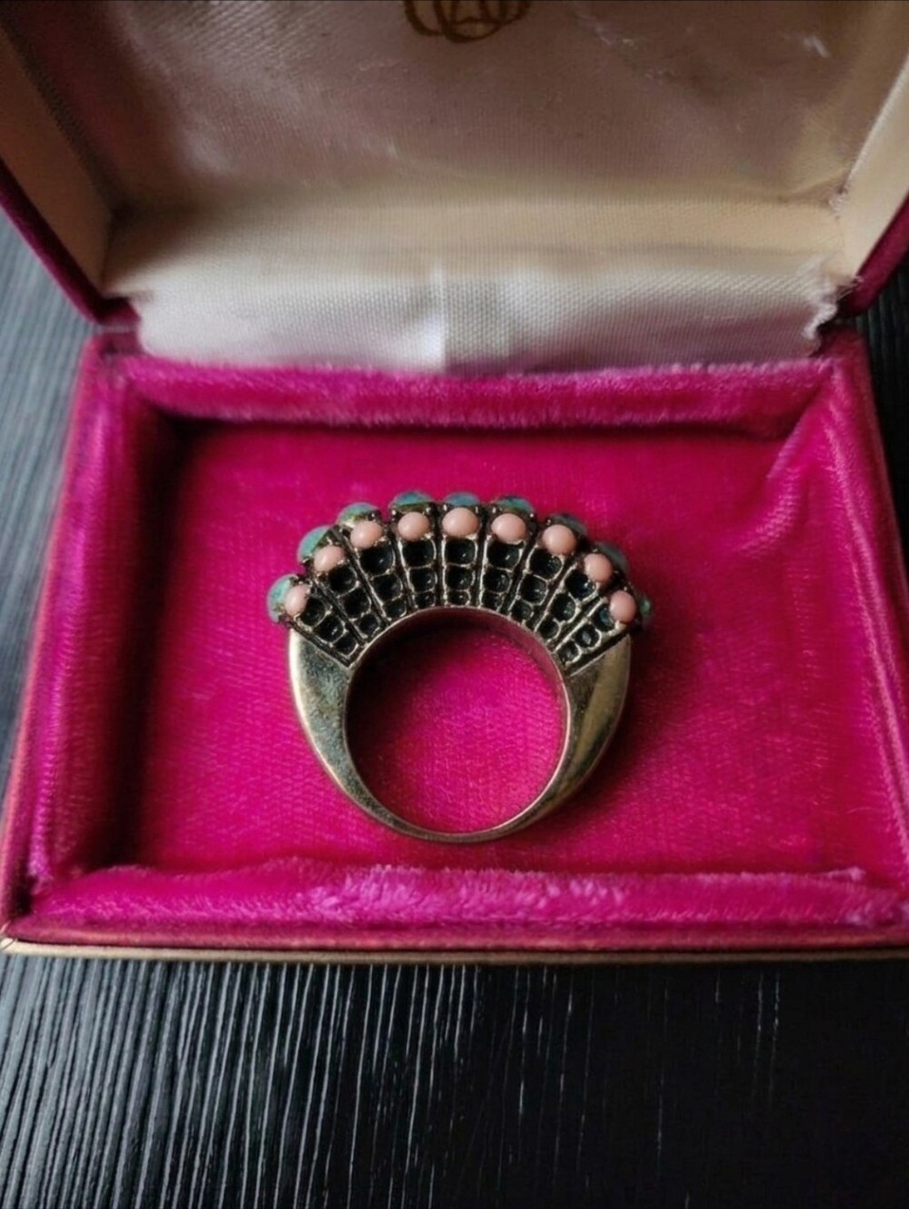 Vintage Mid-Century Mint Green & Pink Coral Domed Saddle Cocktail Ring